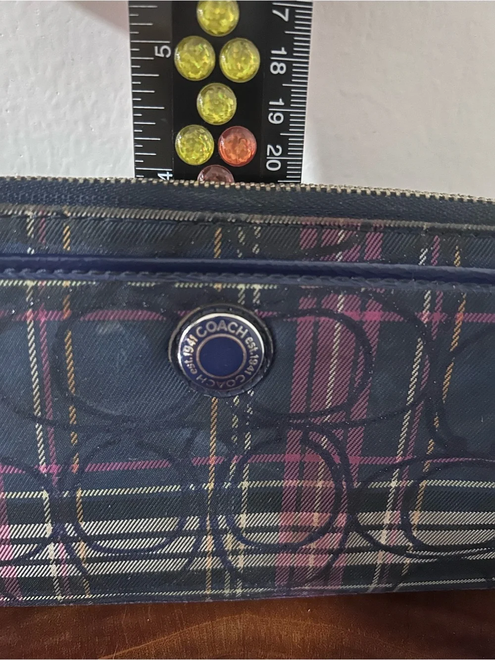 Coach Plaid Signature Wristlet in Navy with Pink & Cream Accents